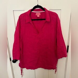ISAAC MIZRAHI 100% Linen Blouse Top Shirt 3/4 Sleeve Side Tie Details XL Pink
